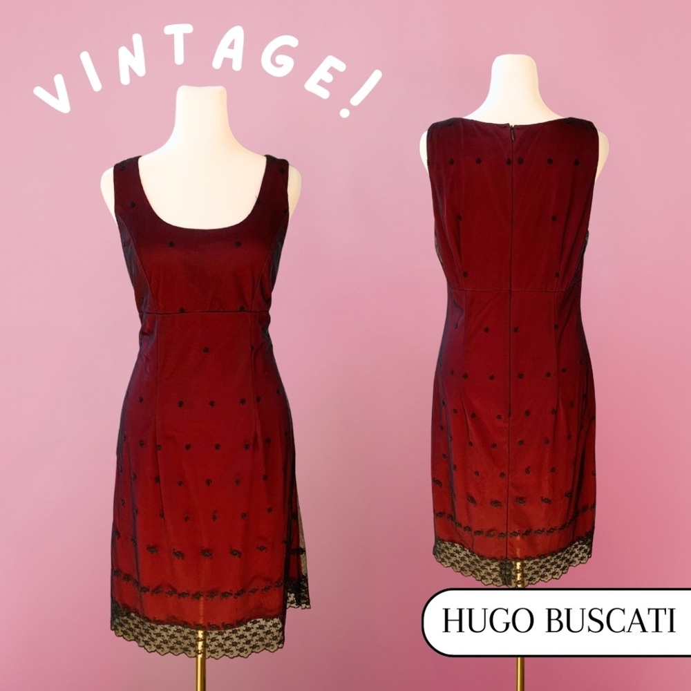Vintage 90s Hugo Buscati Dress Size 10 Red Black Lace Overlay